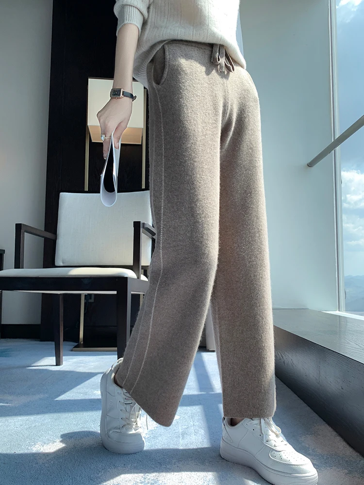 New Fashion Autumn Winter Women High-Waist Straight-Leg Pants Solid Soft Warm 100% Merino Wool Knitted Trousers  Casual Pants