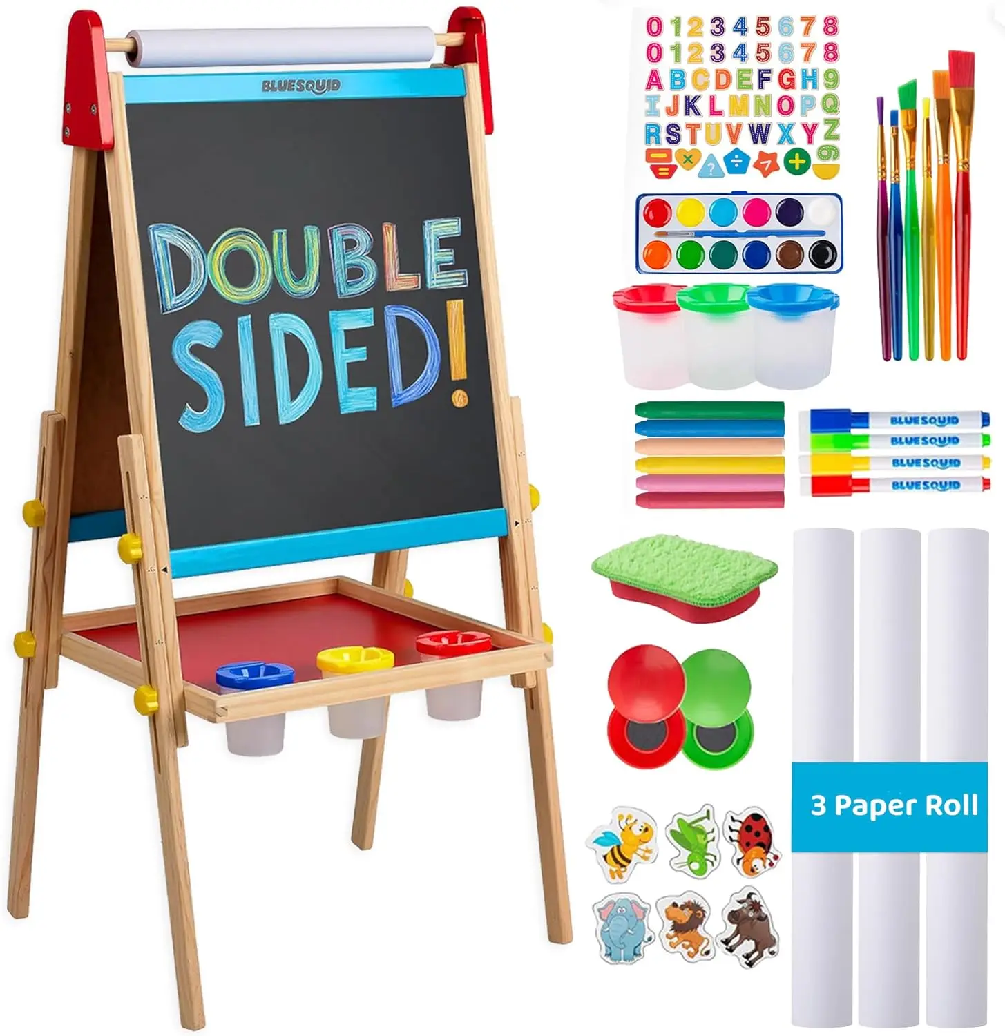 

Double Sided Adjustable Wooden Painting Easel for Kids with Paper Roll x 3, 100+ Accessories, Magnetic Chalk Board & White