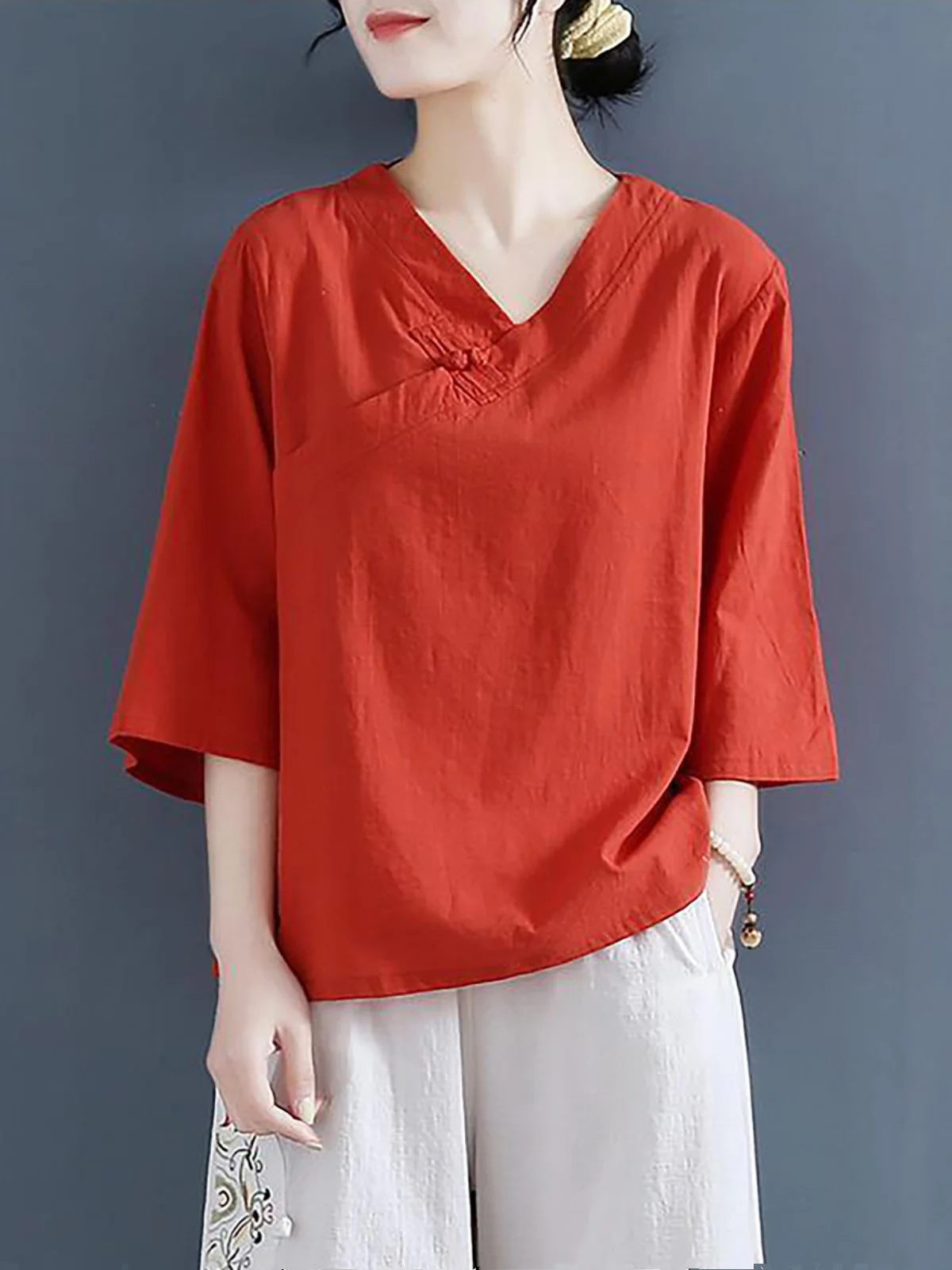 Losse Katoenen Linnen Dames T-shirt V-ne Vijfkwart Sve Vintage Zen Sle Thee Kleding Button Up Zomer Nieuwe Collectie