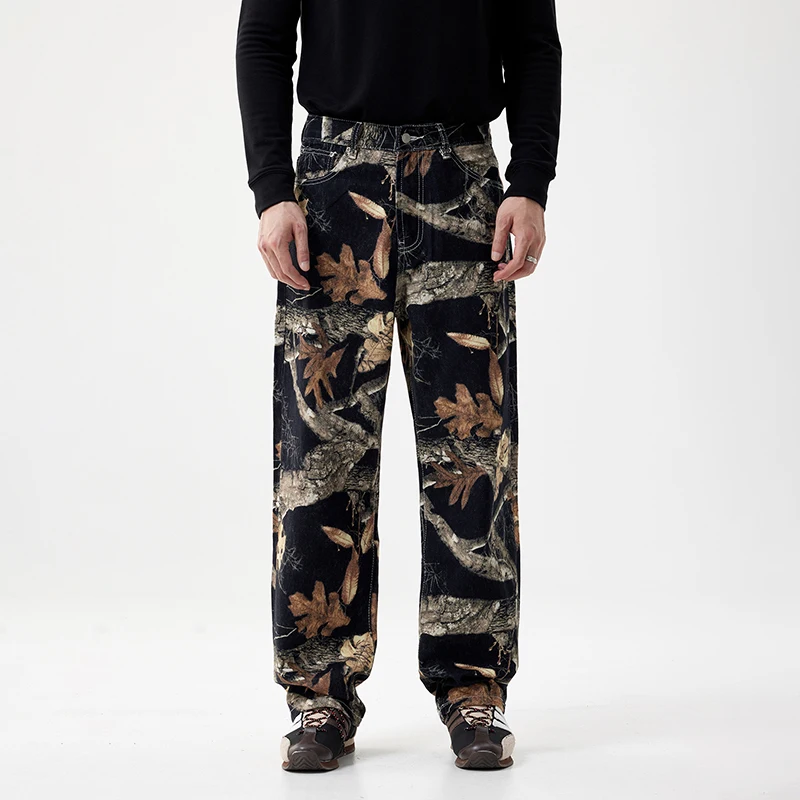 

Мужские широкие джинсы с камуфляжным принтом, черные, из выстиранного денима, в стиле outdoor, свободные, модные брюки, повседневная одежда