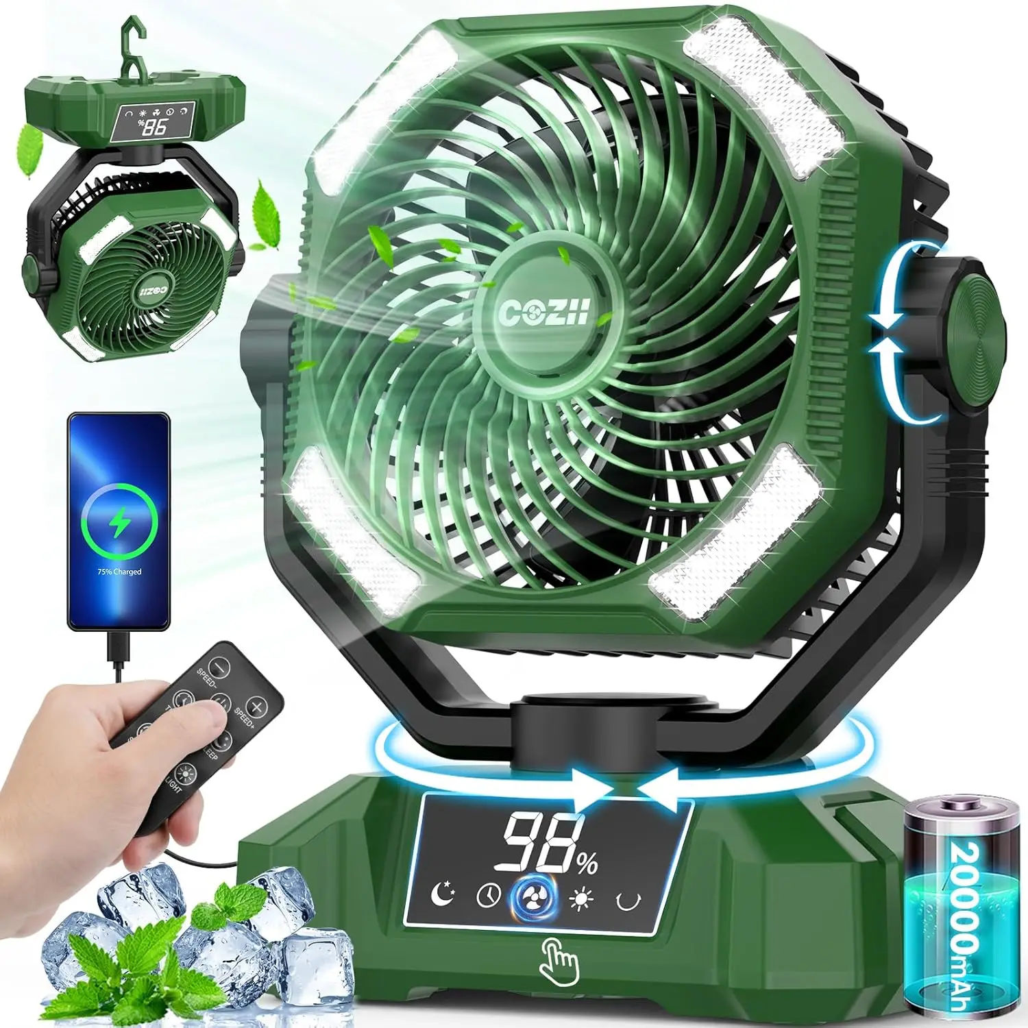 

Portable Fan Rechargeable, 20000mAh Battery Operated Oscillating Fan with Touch Screen -5 Speeds Cordless Desk Camping Fan with