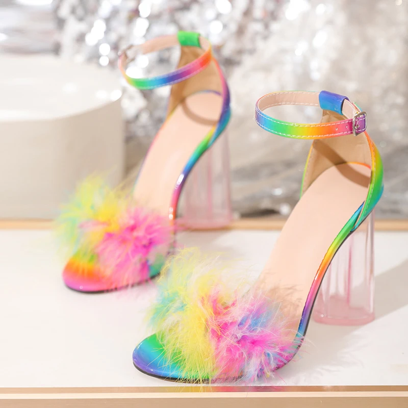 Liyke 2024 New Fashion Fluffy Feather Women\'s Sandals Transparent Strange High Heels Elegant Ladies Wedding Banquet Shoes Pumps