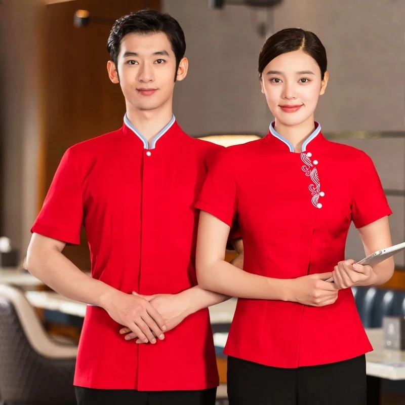 

Летние рабочие топы с коротким рукавом и вышивкой для персонала китайских ресторанов, чайных, гостиниц и стойки ресепшн.