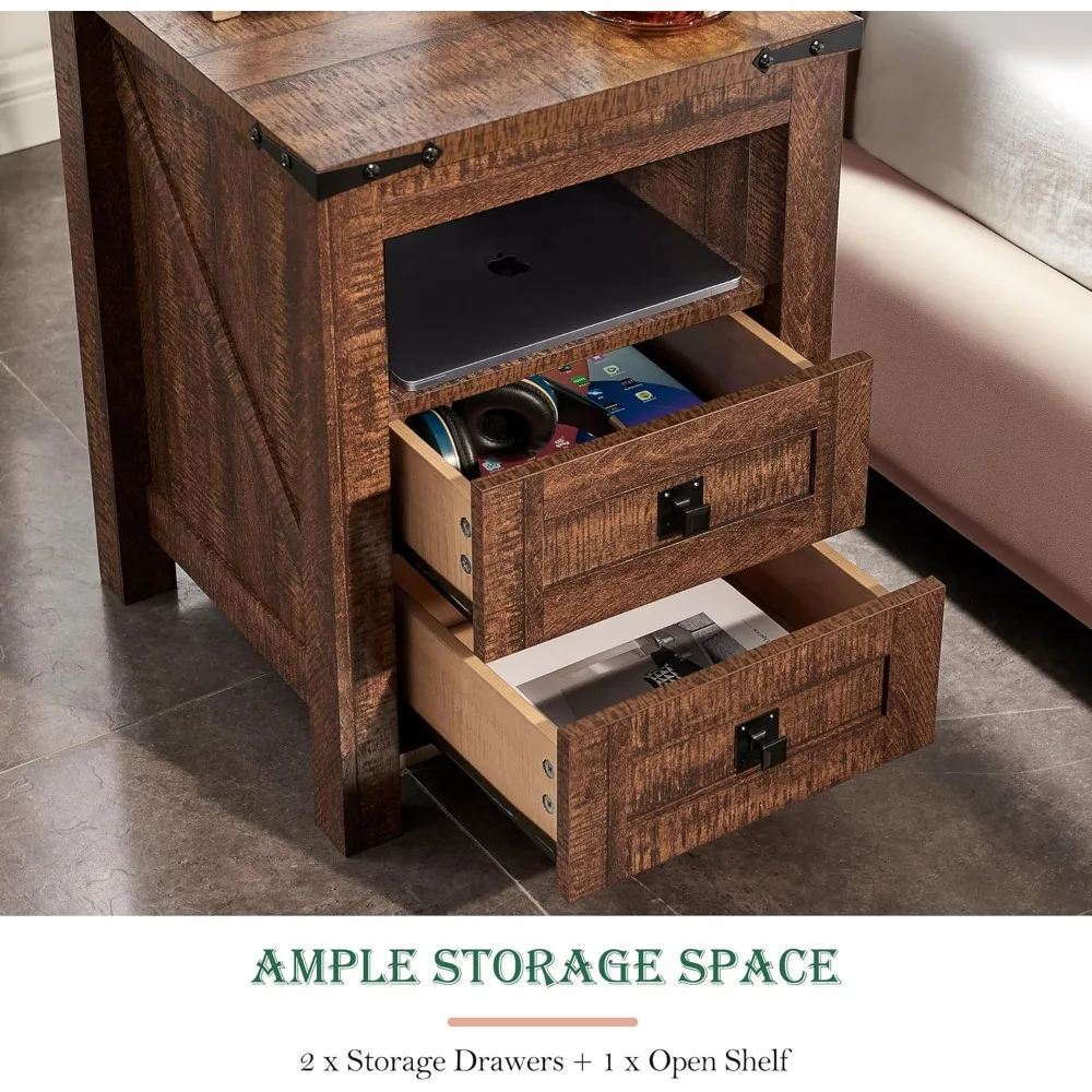 Farmhouse Nightstand with Charging Station, Rustic 18 Inch End Table with 2 Storage Drawers and Open Shelf, Wood Sofa S