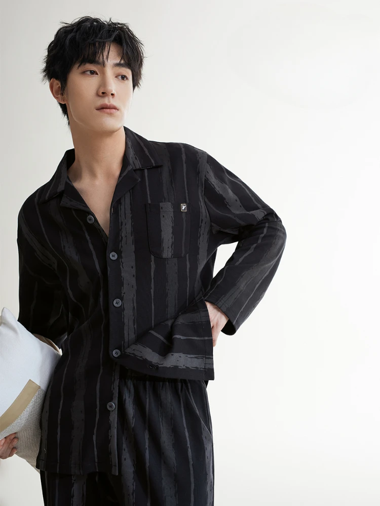 

Pajamas Men's Spring and Autumn Cotton Lapel Long Sleeve Striped Home Wear Loose Casual Fashion Single-Breasted Black Simple