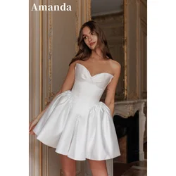 Amanda Strapless Ball Gown Vestido De Novia  Thick Satin Mini Prom Dress White Short Wedding Dress Sleeveless Evening Dresses