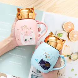 Drinkware 290ml Creative Cat Ceramic Mug With Lid Spoon Beer Cup of Coffee Original and Funny Cups to Give Away Couple Gift Mugs