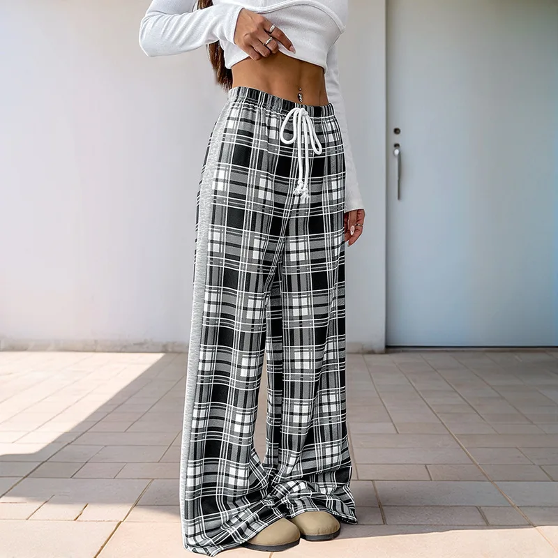 

Elegant Temperament Wide-leg Pants Elastic Black and White Plaid Stitching Pants 2025 Spring Casual Women's Wear