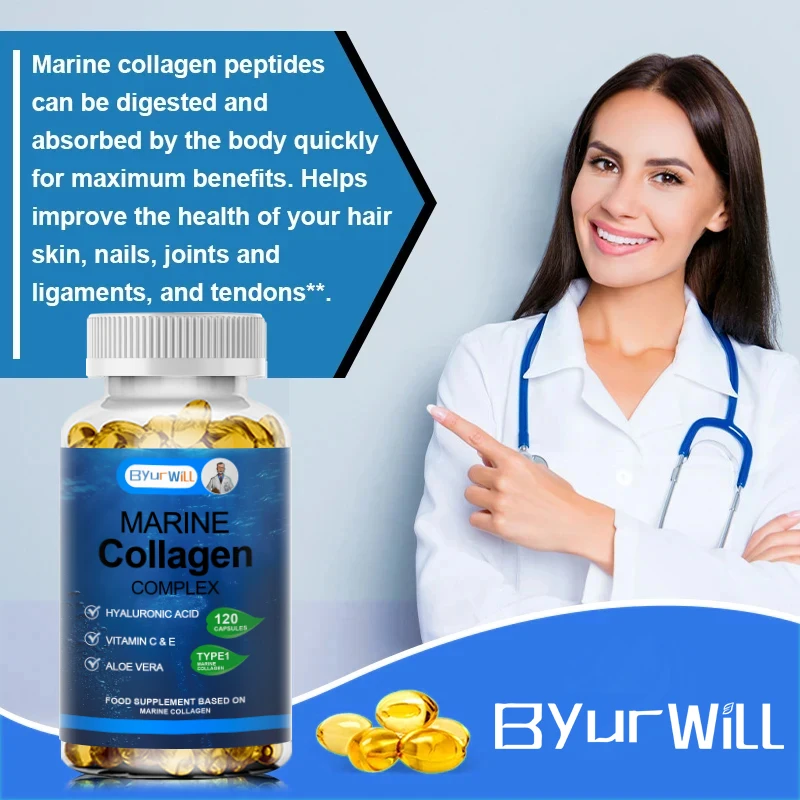 Marine Collagen Capsules with Hyaluronic Acid, Vitamin C & E - Preserve Beauty Firm Skin, Strong Nails & Hair, Healthy Joints