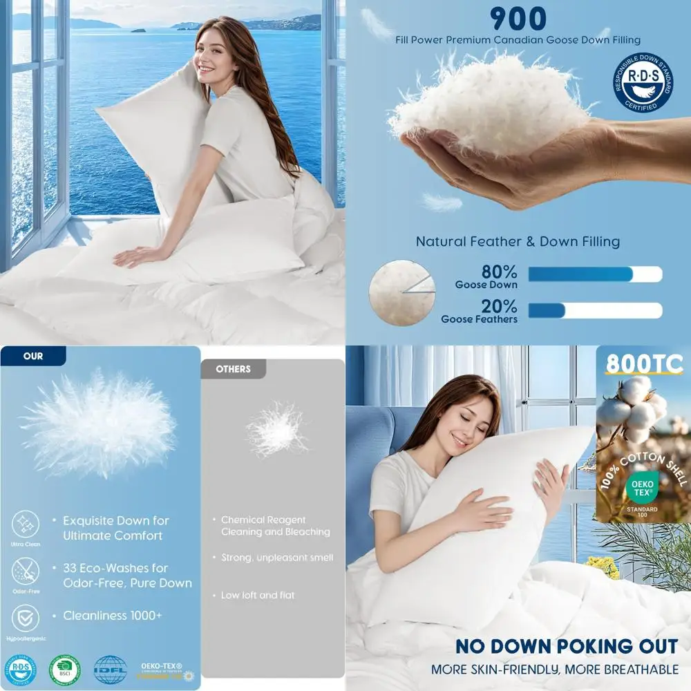 

Premium Queen Size Canadian White Goose Down Pillows Set, 900 Fill Power, 800 Thread Count Cotton Cover, Plush for Comfortable S