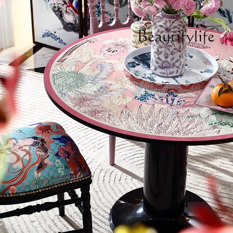 

X35 Chinese Retro Round Dining Table Art Living Room Home Dining Table French Painted Leisure Table 1 Meter