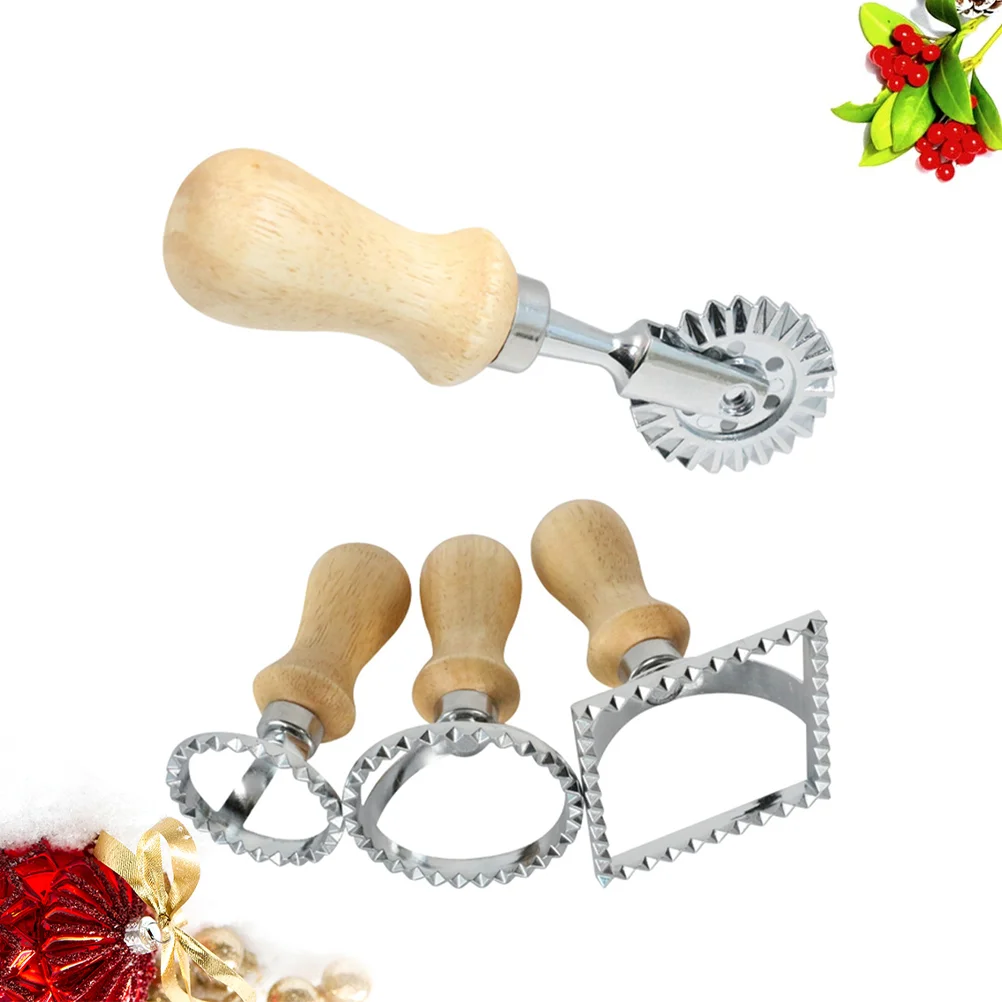 

4PCS Wooden Handle Lace Fondant Biscuit Mould Cookie Dumpling Skin Cake Mold Kitchen Gadget (Wheel Large Round Small