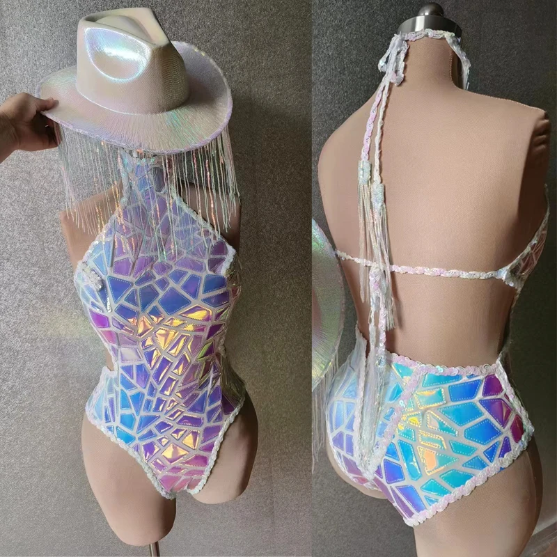 Bodysuit lantejoulas com Laser Hat para Mulheres, Trajes de Dança Gogo, Roupas Jazz, Roupas Boate, Dj Ds Stage Rave Outfit, XS7135