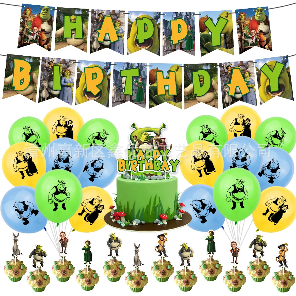 Fournitures de décoration de scène d'anniversaire à thème Shrek Cartoon Anime, bannières, ballons, ensemble de fête à tirer avec sensation