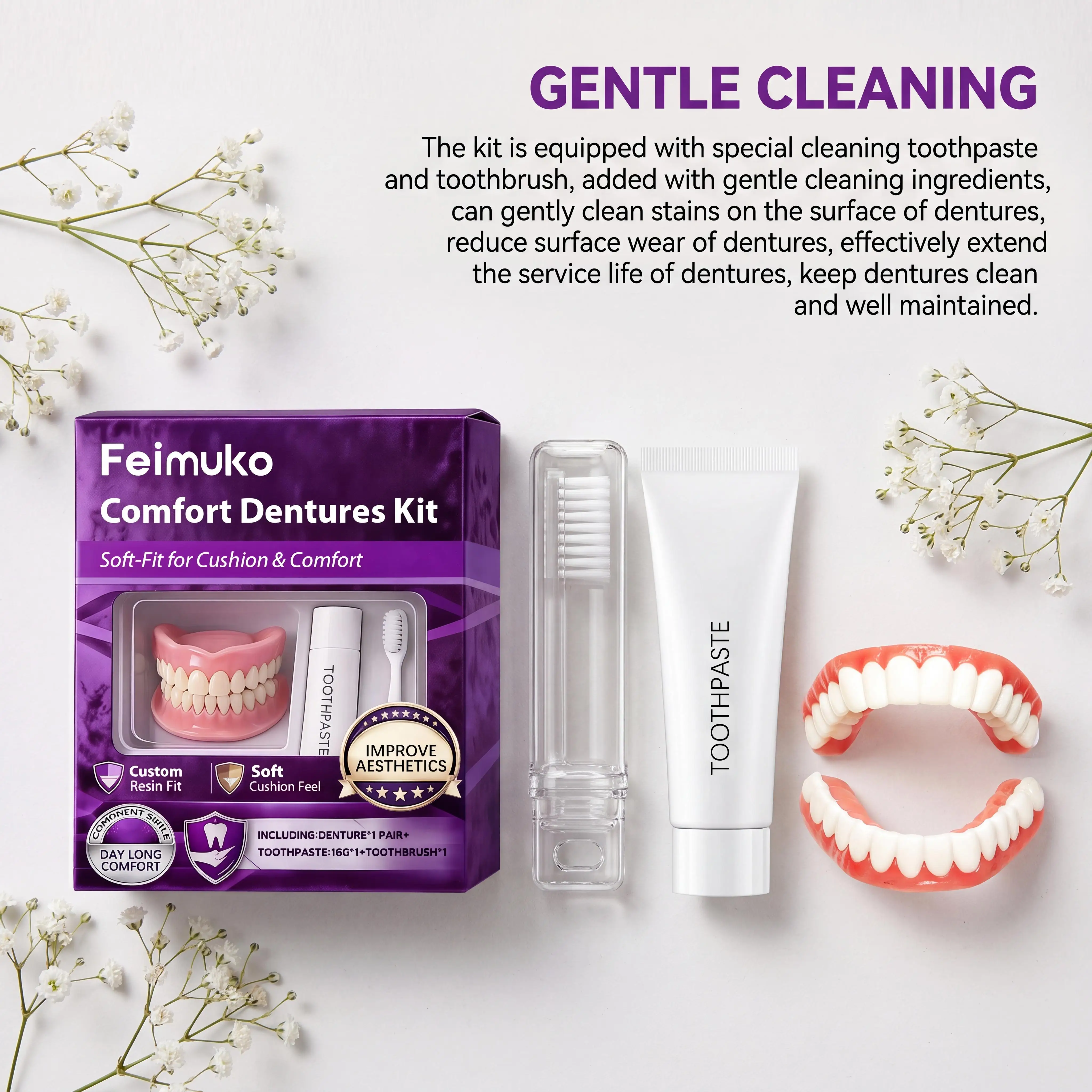 Feimuko Dental Denture Reline Kit Silicone Liners High Elasticity Moldable Gap Filler Soft Comfortable Fit Teeth Upper Lower Set