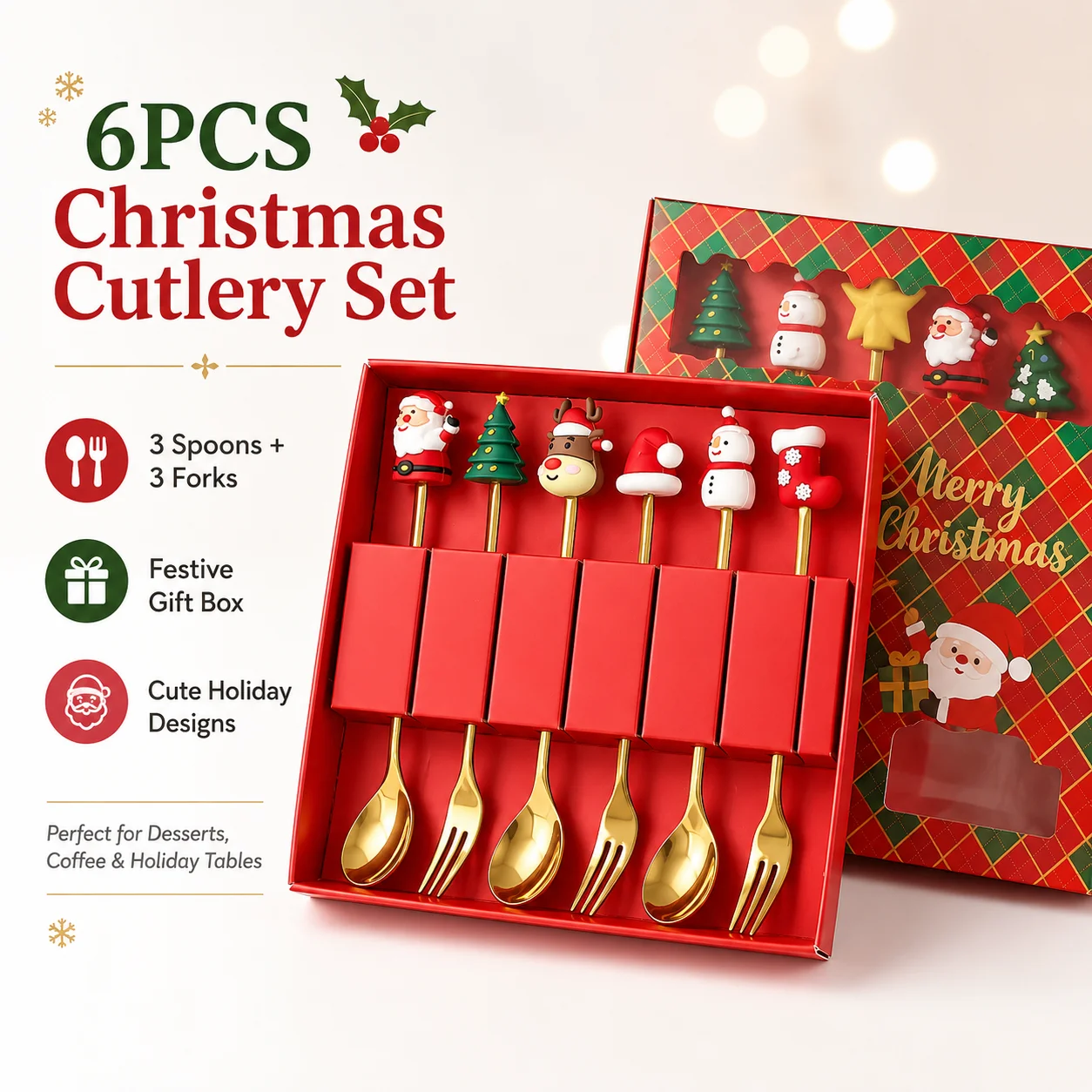 6pcs Christmas Spoon & Fork Combo Set, Stainless Steel Holiday Cutlery for Family Dinner, Dessert, Party & Christmas Gifts