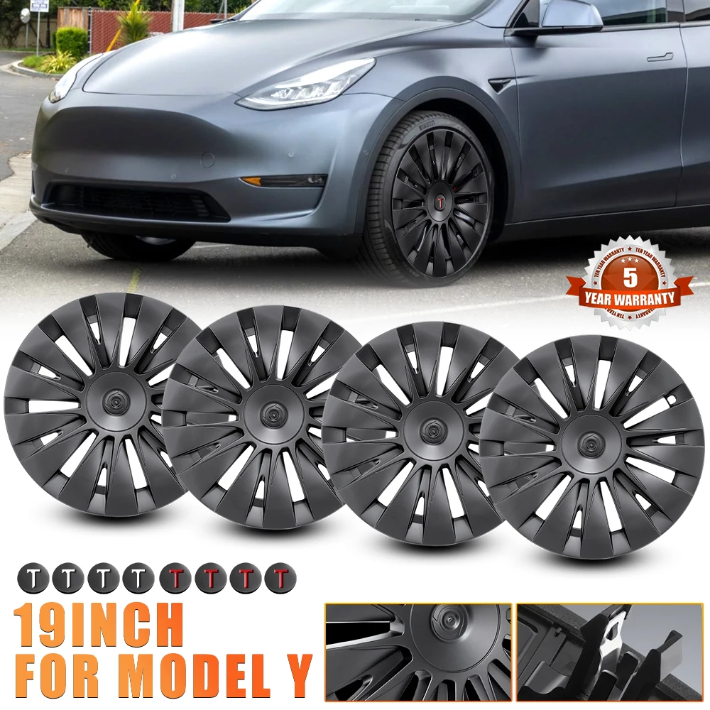 4 Pcs 19 Inch Wheel Hub Cap Matte Black Automobile Wheel Hub Fully Wrap Rim Protector Replacement for Tesla Model Y 2020 to 2024