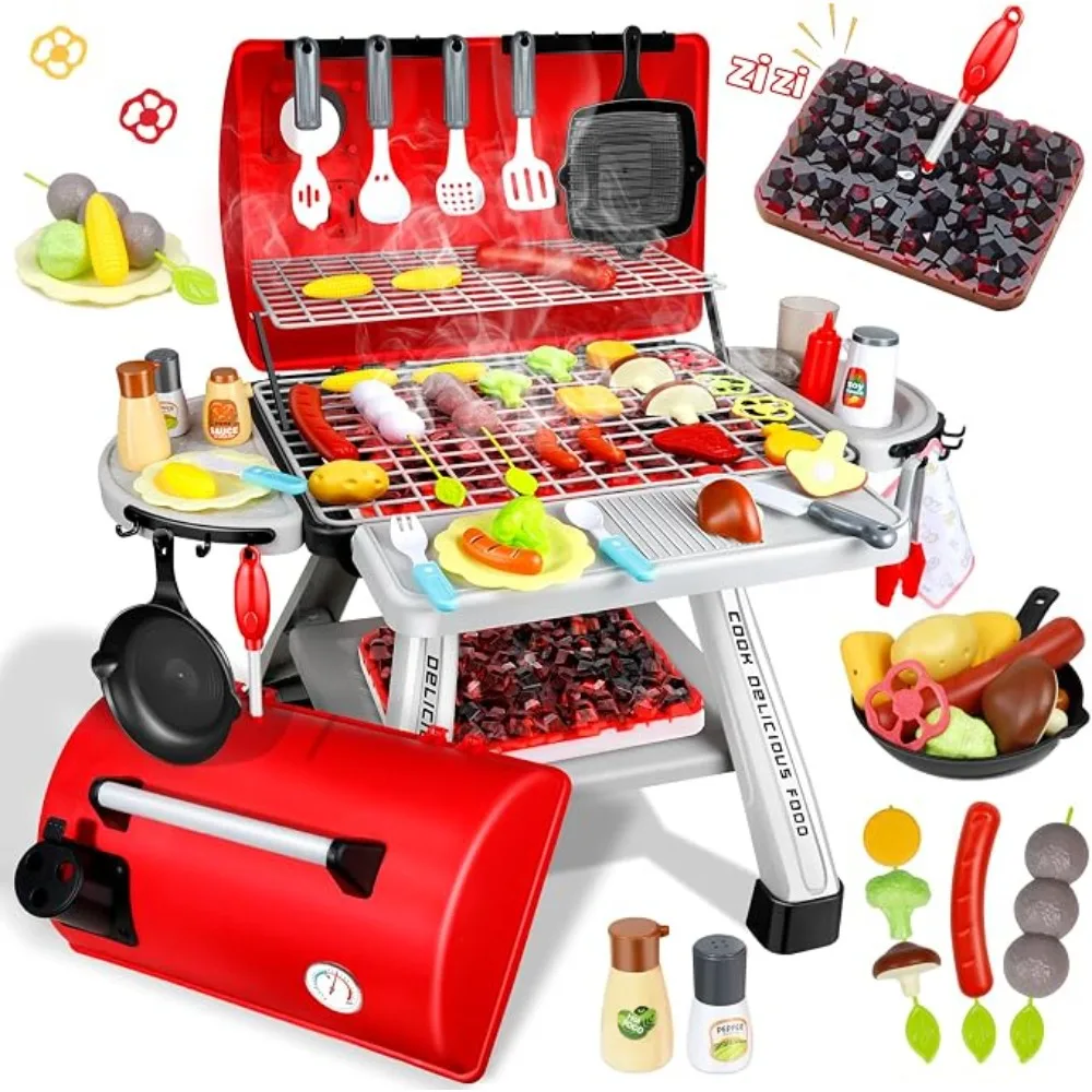 Barbecue Grill Toy Set Kids BBQ Pretend Play Kitchen Playset with Smoke Sound Light Simulation Camping Cooking Food Toys Gift