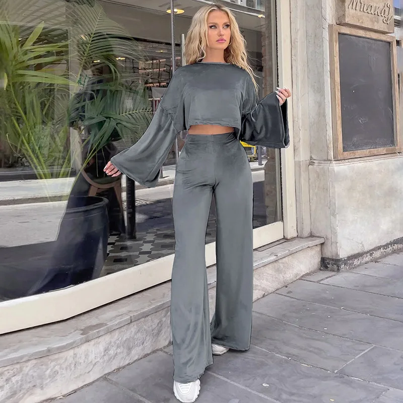 

Blifanbo Casual Velvet A-line Shirt Long Pants Two Pieces Set Women Autum Long Sleeve Top And Patchwork Long Pant Matching Set