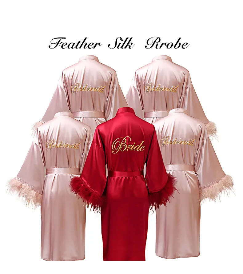 Women FEATHER Bride Bridesmaid Wedding Robe Satin Kimono Bathrobe Gown Nightwear Embroidery Letter Nightgown V-Neck Lingerie