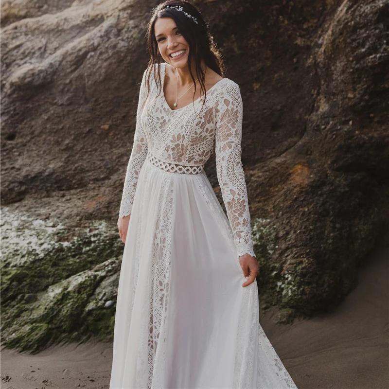 Hippie Boho Beach Elopement Backless trouwjurk chiffon op maat gemaakte lange mouwen groot formaat fotoshoot V-hals kanten bruidsjurk