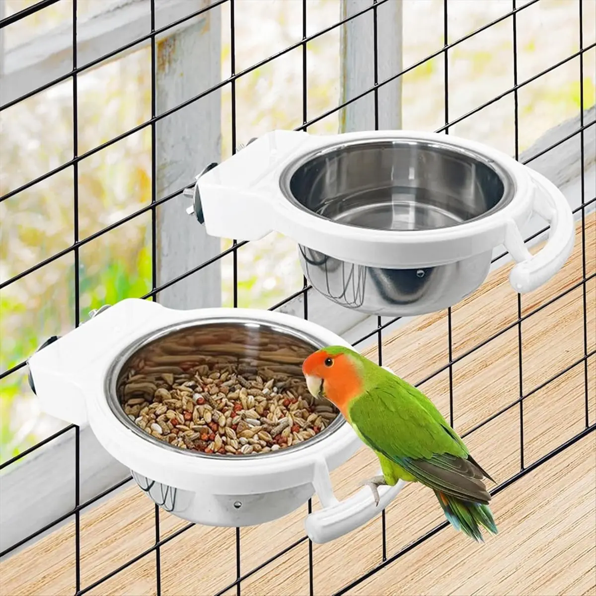 A79G 2 PCS Bird Feeding Dish Cups Perch Stand Hanging Stainless Steel Bird Bowls Food Container Food and Bowls with Spoon