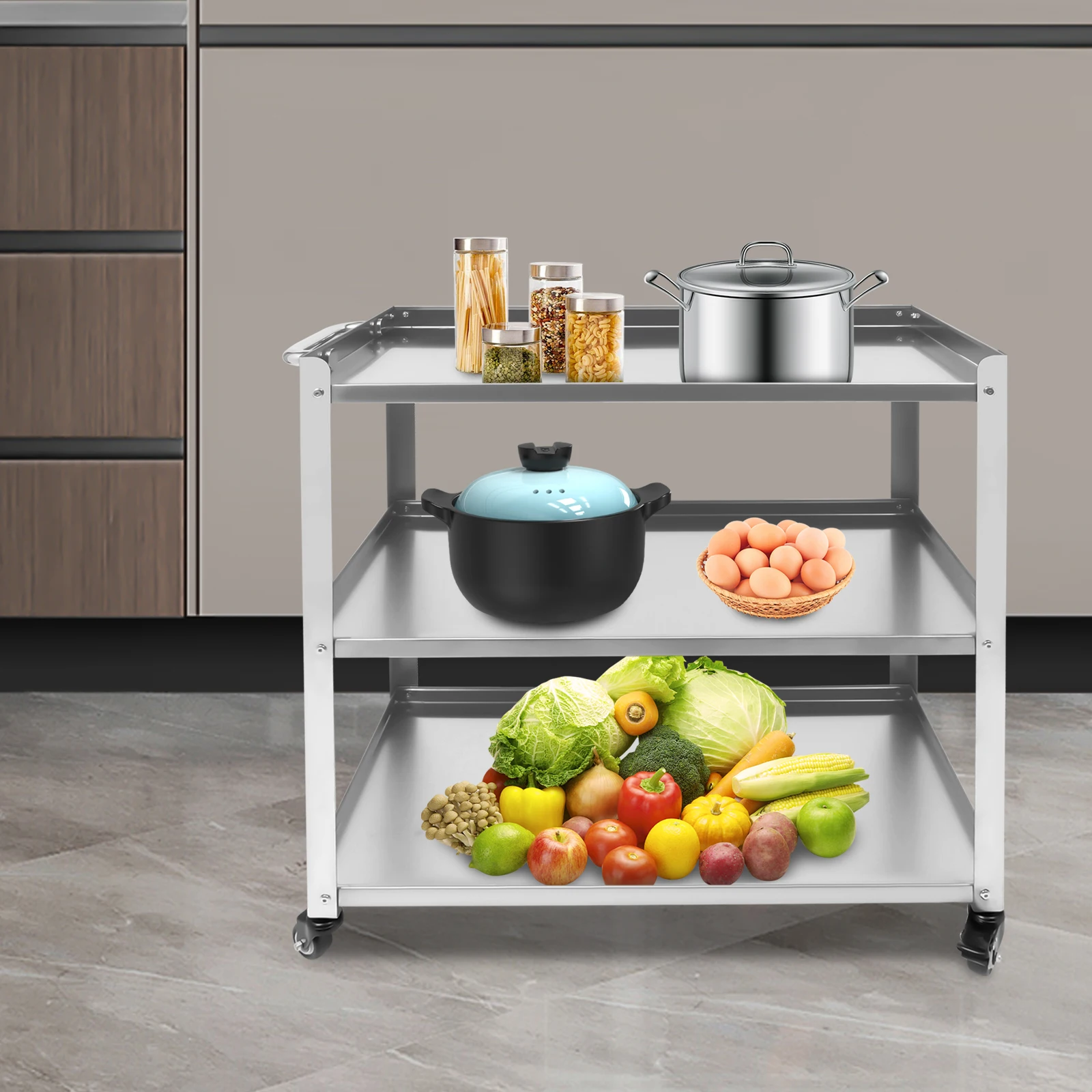 3-Tier Kitchen Cart Kitchen Trolley Car Serving Trolley Transport Cart 136kg Capacity Mobile Workstation