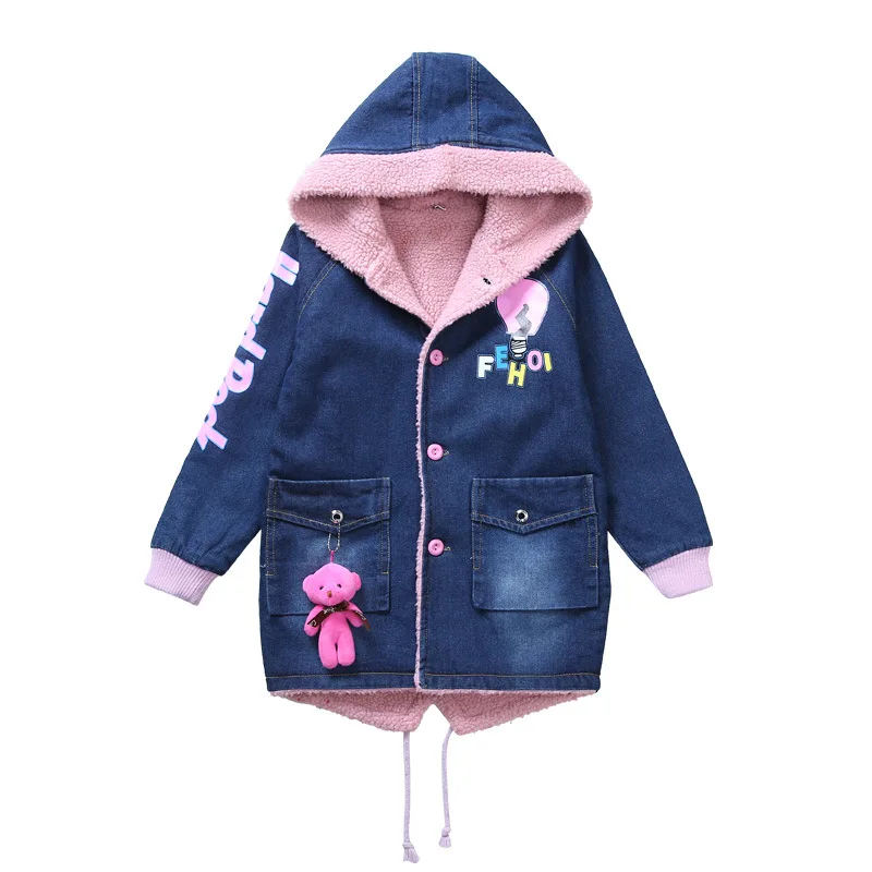 Girls Thick Denim Jacket for Winter New Children Long Clothes Girl Kids Thick Warm Outerwear Coats Denim Cotton Hooded Jacket