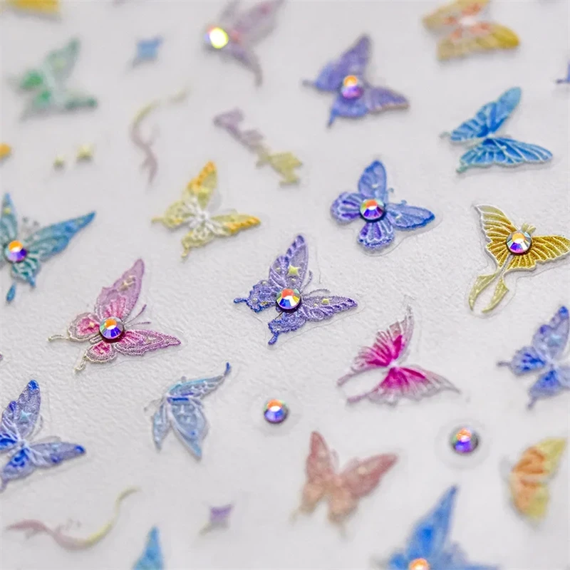 カラフルなピンク段階的なムーンスタークラウド蝶ラインストーン 5D ソフトエンボス加工ネイルアートステッカー 3D デカール装飾マニキュア