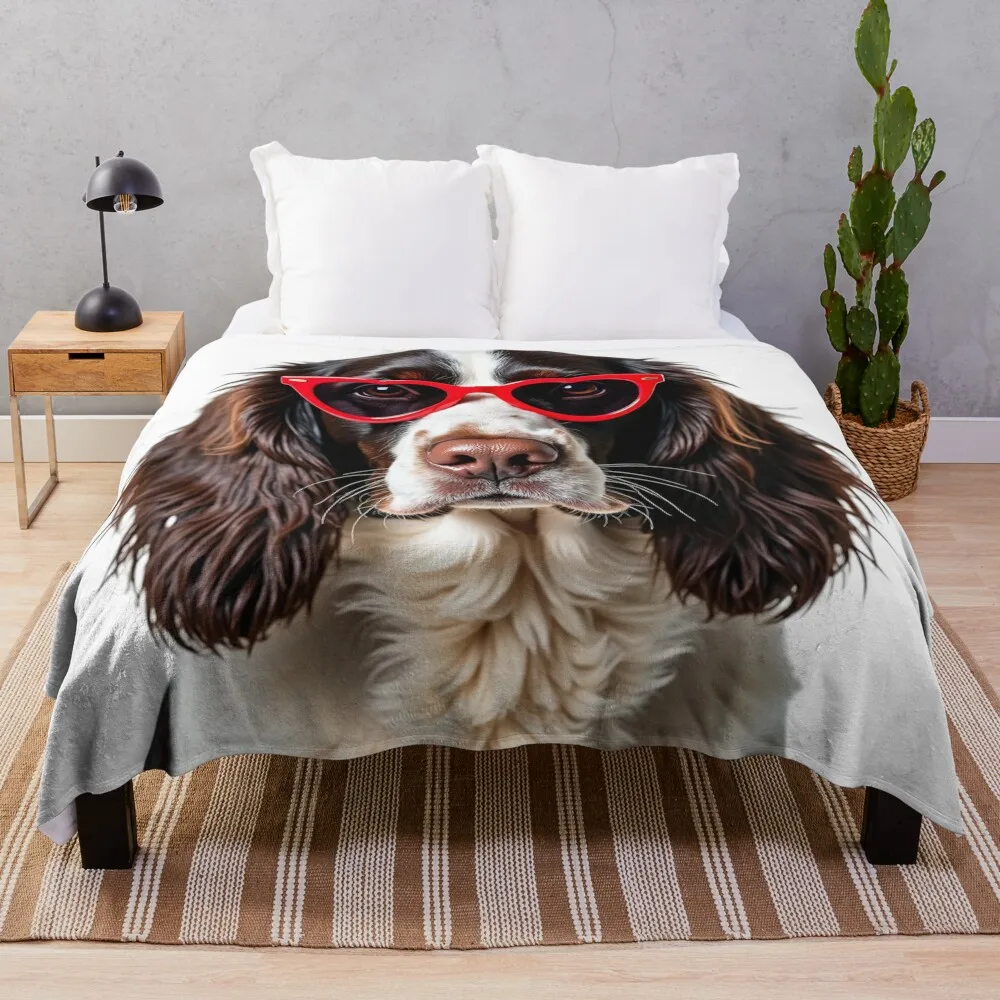 

Funny cool English Springer Spaniel dog wearing a heart shape sunglasses Throw Blanket Thin blankets and throws Blankets