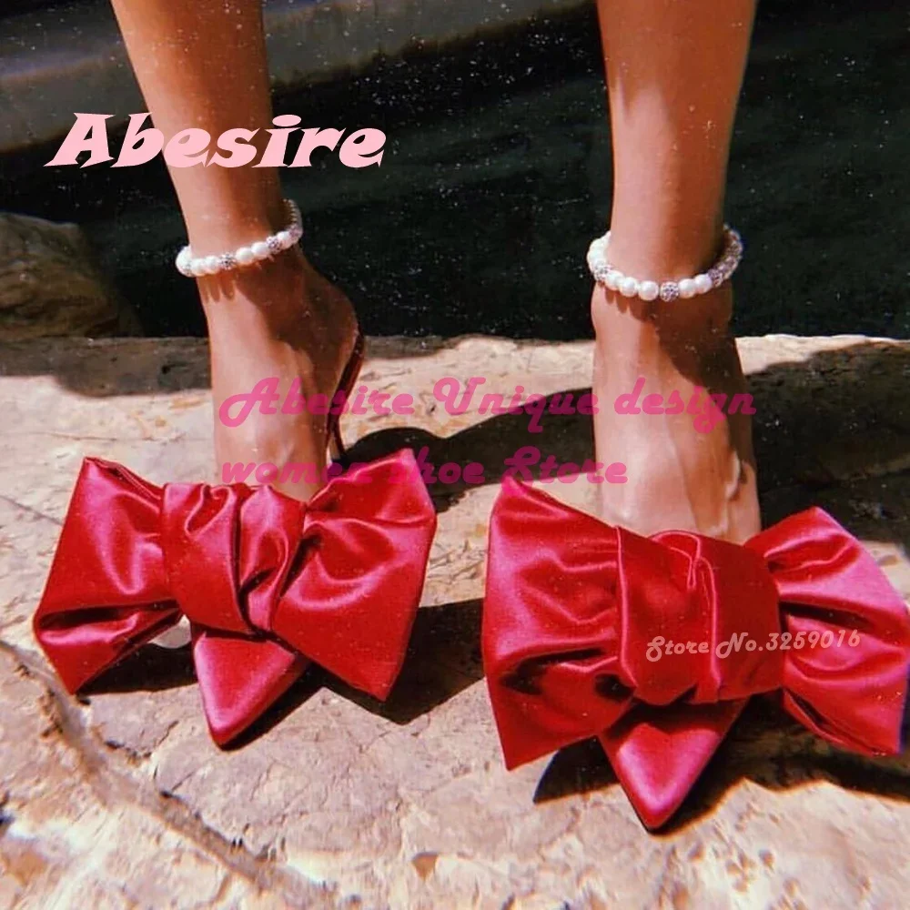 

Magenta Big Bow Pointy Toe Mules Satin Solid Women's Slippers 2025 New Design Slip On Summer Outside Party Wedding Shoes Sexy