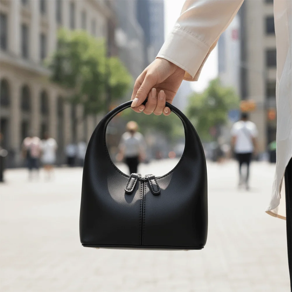 

Portable Elegant Pu Leather Handbag Zipper Retro Color Crescent Bag French Style Fashionable Small Bag Girls