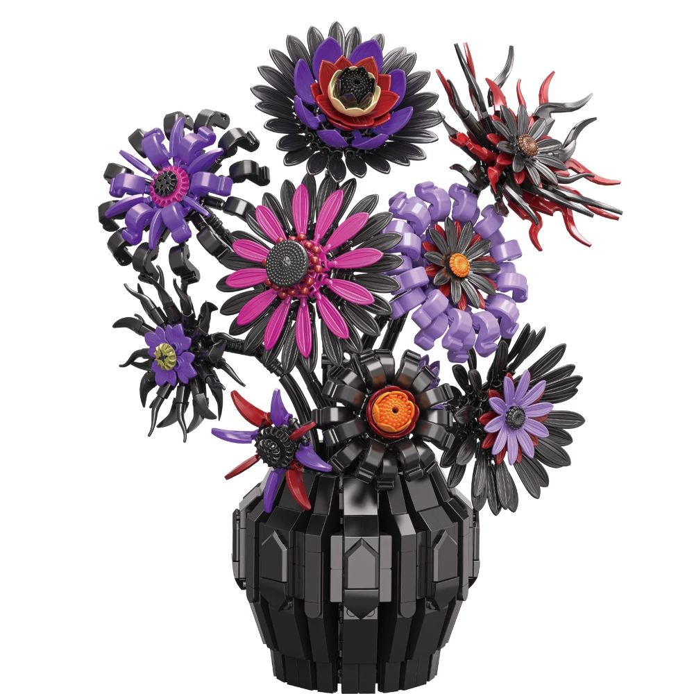 

1183 шт., готические цветочные строительные блоки, темный ночной букет, ваза, модель кирпича, идея, украшение для рабочего стола, детские игрушки, романтический подарок для взрослых