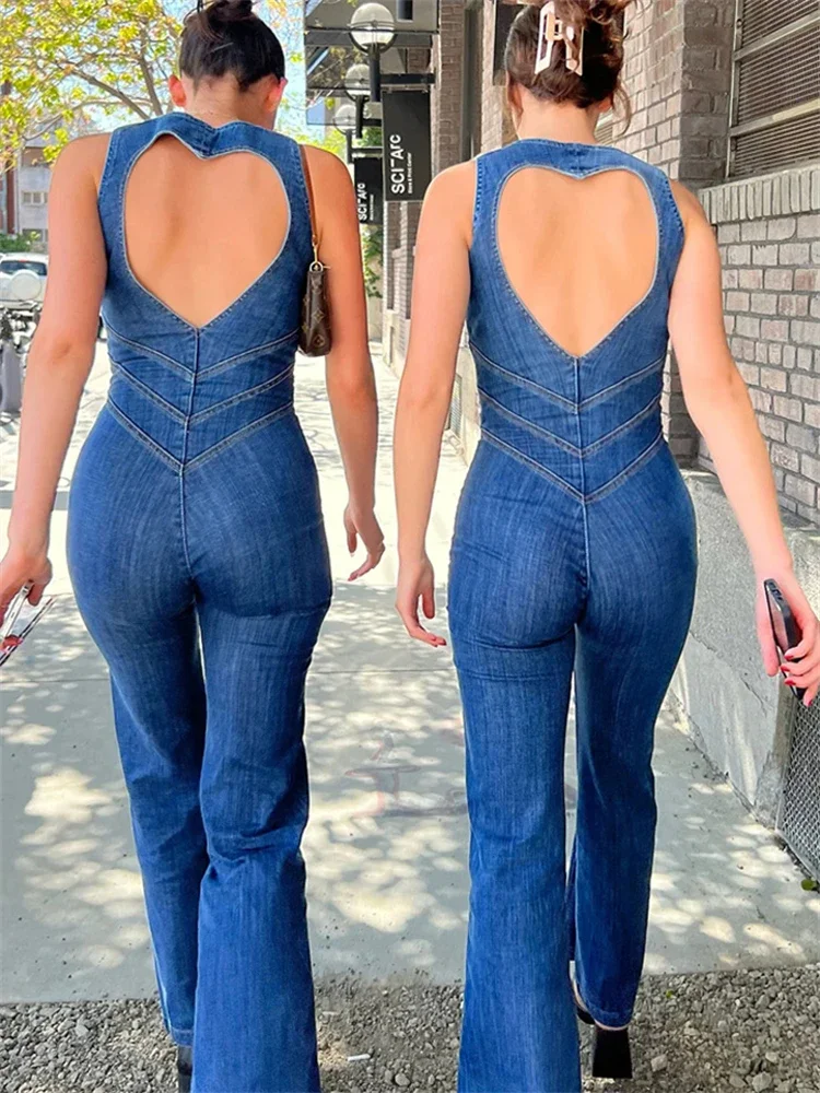 

TARUXY Backless Heart Cutout Bodycon Jumpsuit For Women Casual Sleeveless Slim One-Piece Outfits Retro Denim Jumpsuits New 2023