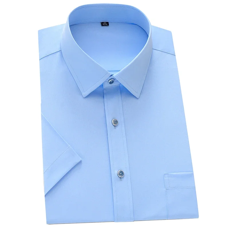 

Short Sleeve Men's Dress Shirt Strech for Summer Soft Easy Care Iron-Free Social Shirts Mens Business Solid White Ligh Blue Pink