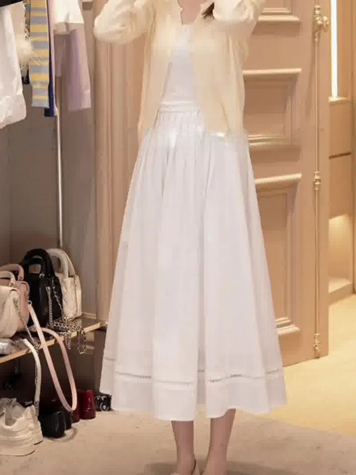 

Ele Mid-Length A-Line Skirt Women's High Waist Slimming White Moon Light f Skirt Retro Flared Korean Sle Pure Color