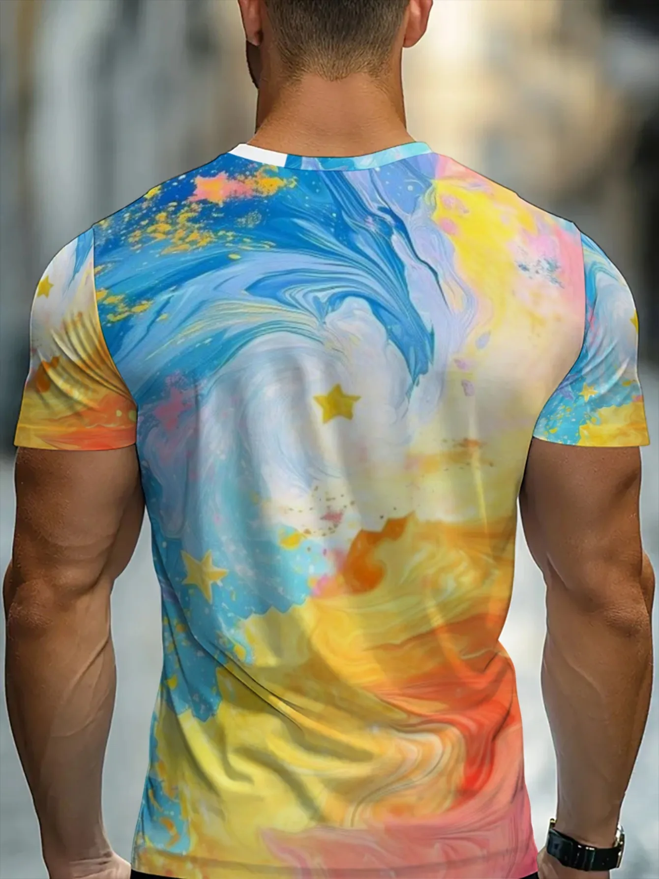 Men Blue Yellow Orange Marble Swirl Star 3D Print Crew Neck T Shirt Summer Short Sleeve Casual Tee