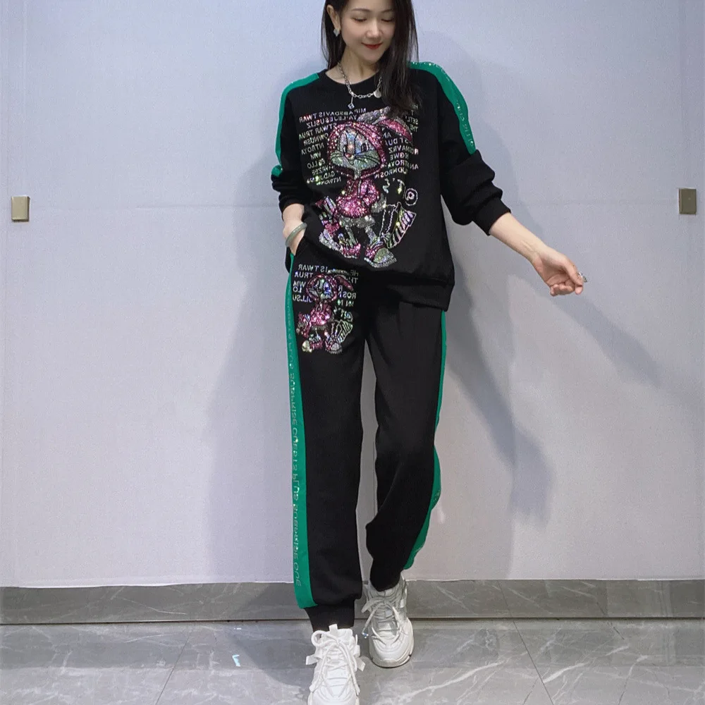 

Cartoon Glitters Diamonds Sweater Pant Sets Women Autumn Clothing Casual Tracksuit Side Patchwork Two Piece Sets Womens Outifits