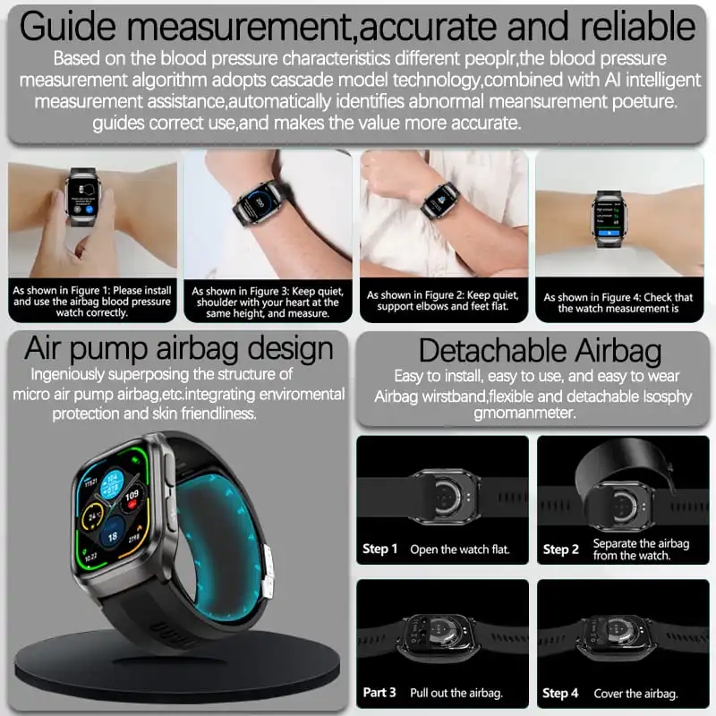 2026 New Blood Pressure Air Pump Airbag Accurate Measure Smart Watch Men Non invasive Blood Lipids Health ECG Smart Watches NFC