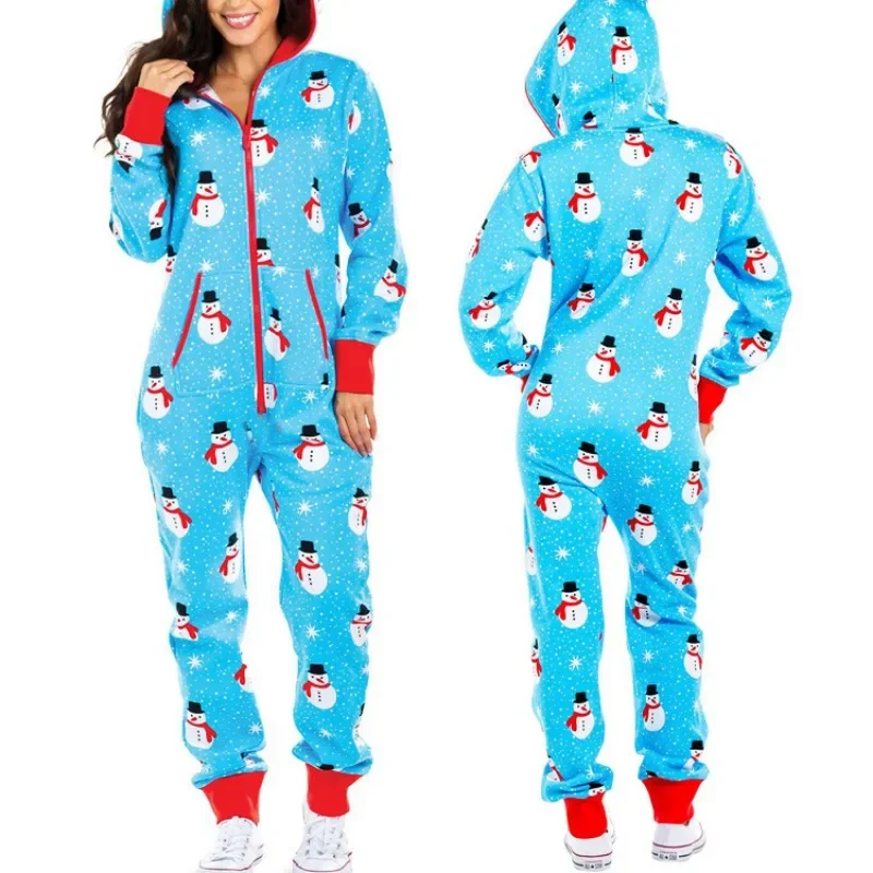 Christmas Printed Hooded Jumpsuit for Women 2023 Autumn Winter Couples New Striped Elk Zipper Pocket Pajamas Sleepwear