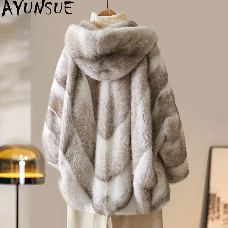 เสื้อโค้ทขนมิงค์ AYUNSUE สำหรับผู้หญิง เสื้อผ้าหรูหรา ขนแท้จากธรรมชาติ เสื้อโค้ทขนมิงค์อุ่นๆ สำหรับฤดูหนาว ความยาวปานกลาง รุ่น 2025
