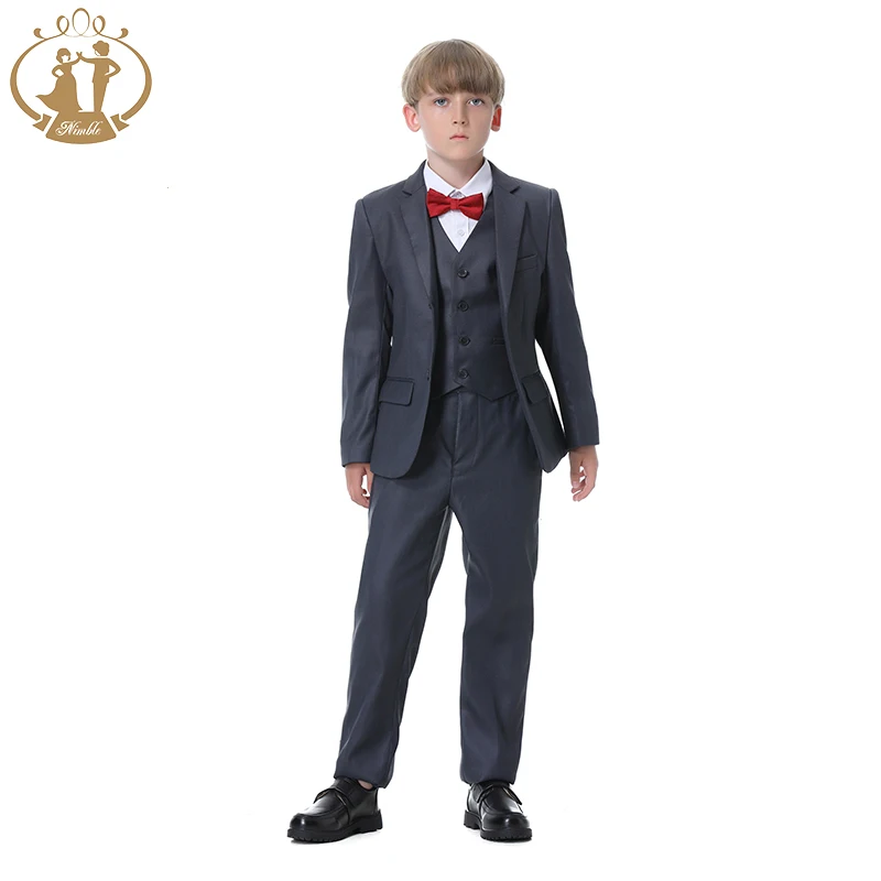 Boys Dark Grey Wedding Suit Kids Formal Blazer Clothing Set Gentleman Children Day Graduation Chorus Performance Dress Costume