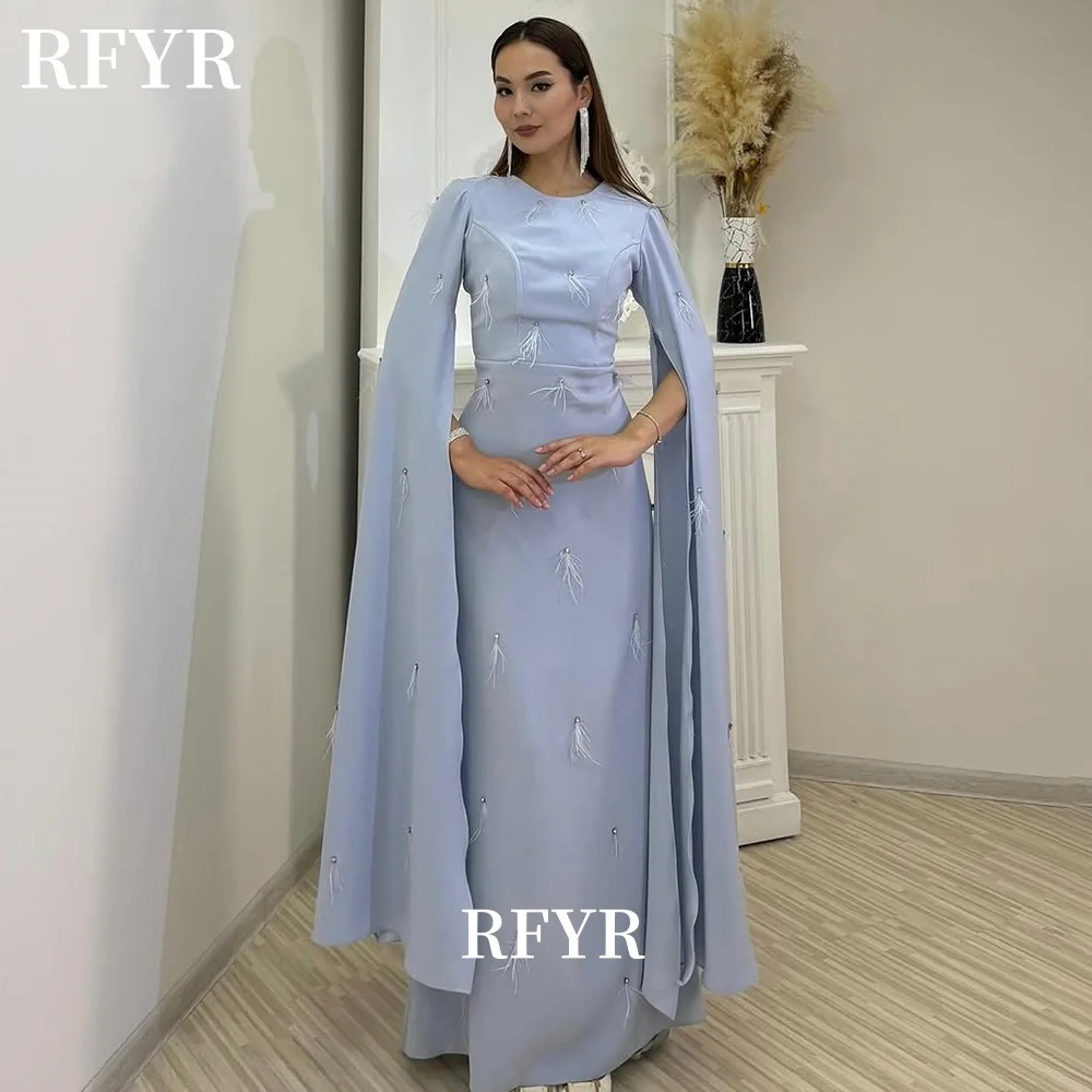 

RFYR Crepe Long Sleeve Prom Dresses Evening Party Dress with Feathers Formal Occasion Dress for Arabic Women vestidos Customized