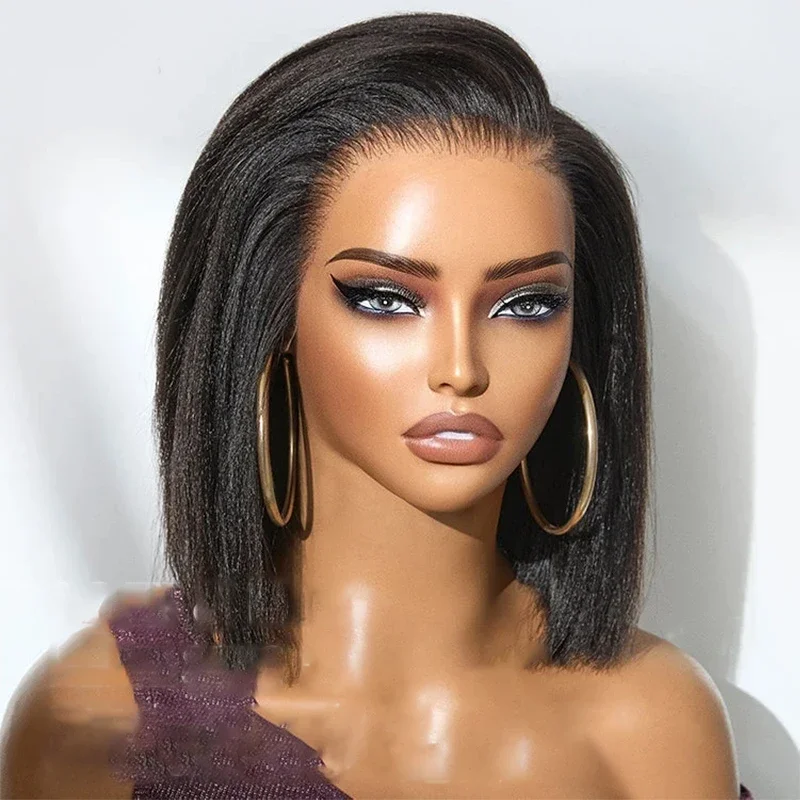 Glueless  Natural Black Soft Yaki Preplucked Free Part Short Bob Kinky Straight Synthetic 13x4 Lace Front Wig Baby Hair Daily