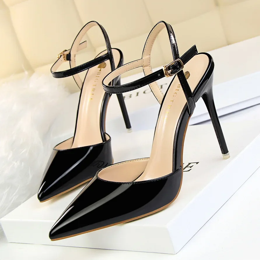 

Simple Thin Heel Super High Heel Sandals Shallow Tip Patent Leather Sexy Nightclub Slim One Line Strap Women's Sandals For Party