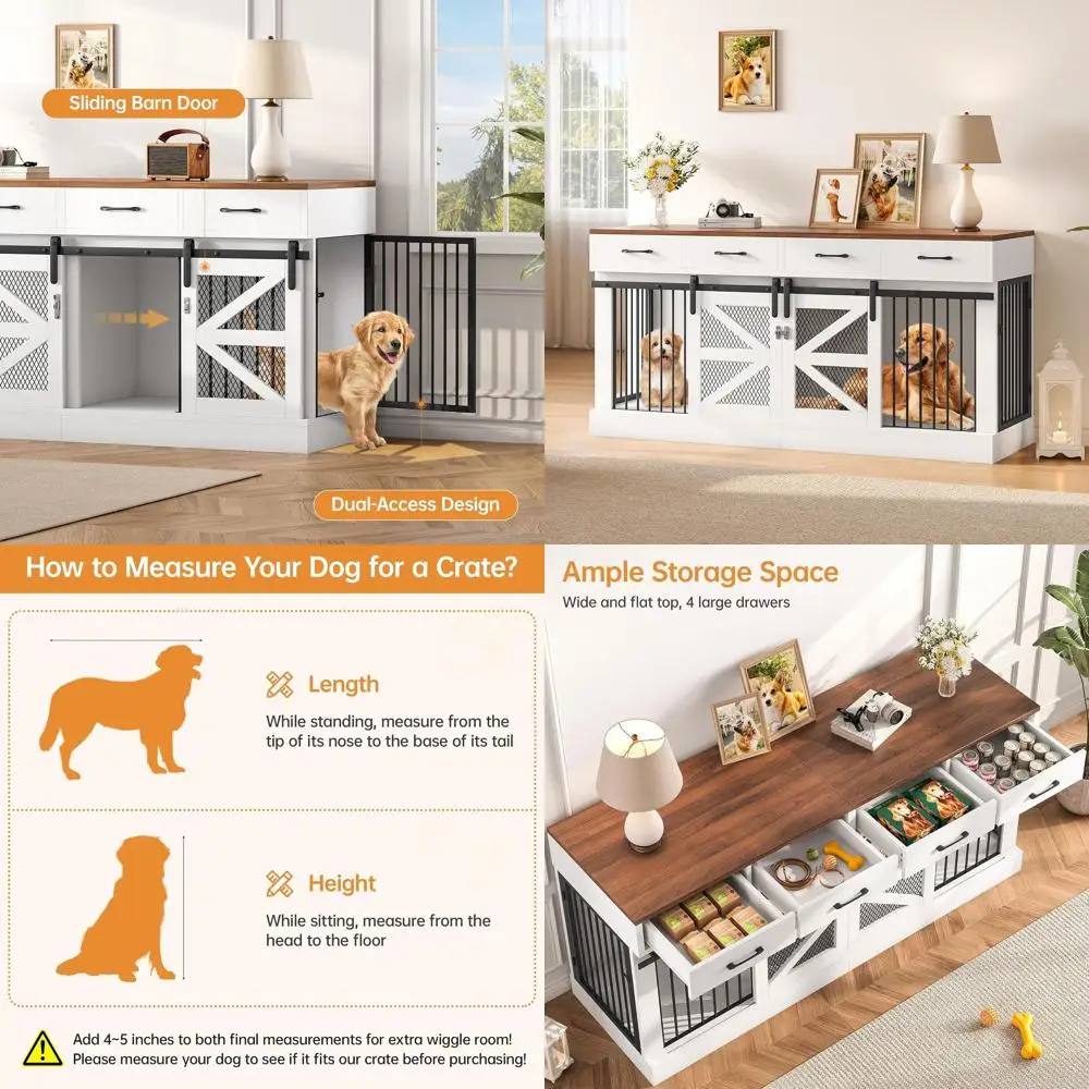 

Extra Large Wooden Dog Crate with Removable Divider and Storage Drawers - Multifunctional Indoor Kennel Stand for Large/Medium D