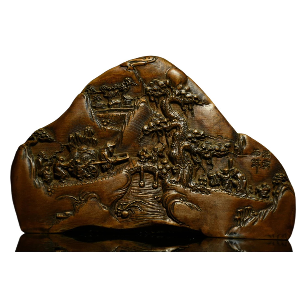 Figurine chinoise sculptée en bois sculpté, écran de paysage, scène rustique orientale, sérénité, tranquilité paisible, calme, harmonie