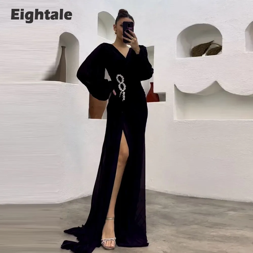 

Eightale Black Evening Dress V-Neck Chiffon Beaded Side Slit Elegant Floor Length Long Sleeves Prom Party Dress Ballkleider