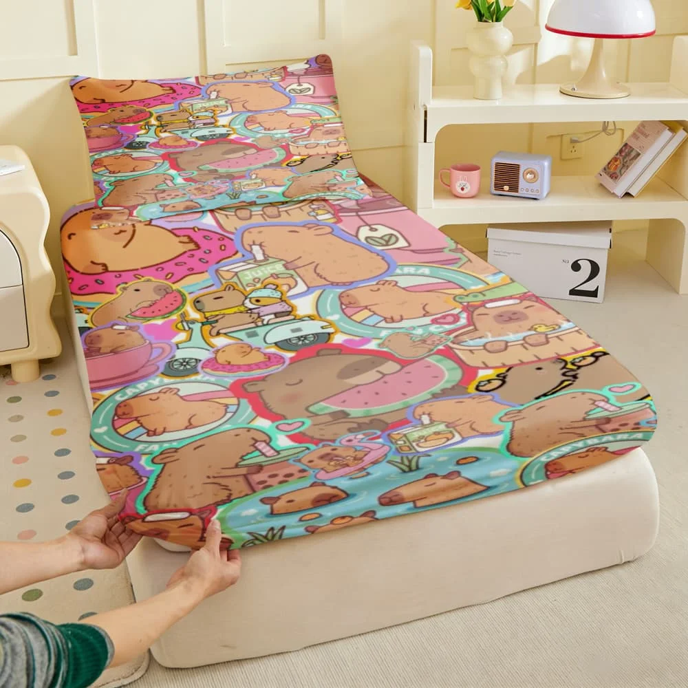 1pc Cute Cartoon Capybara Print Fitted Sheet Deep Pocket Elastic Mattress Cover Single Double Queen King Bedroom Decor