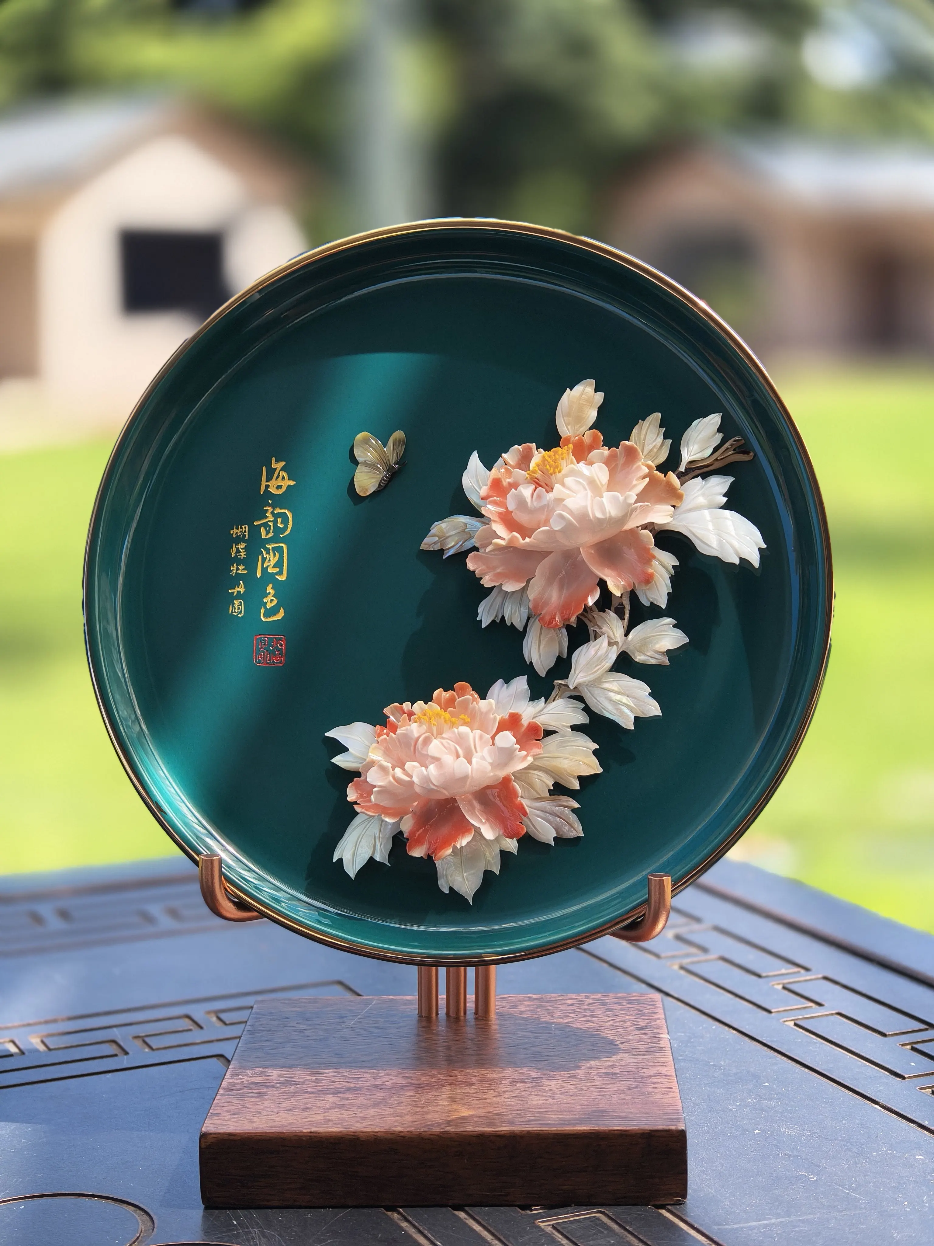 100% Hand-Carved Natural Shell ICH New Chinese Porcelain Plate, Living Room Study Decor Craft, Creative Shell Gift